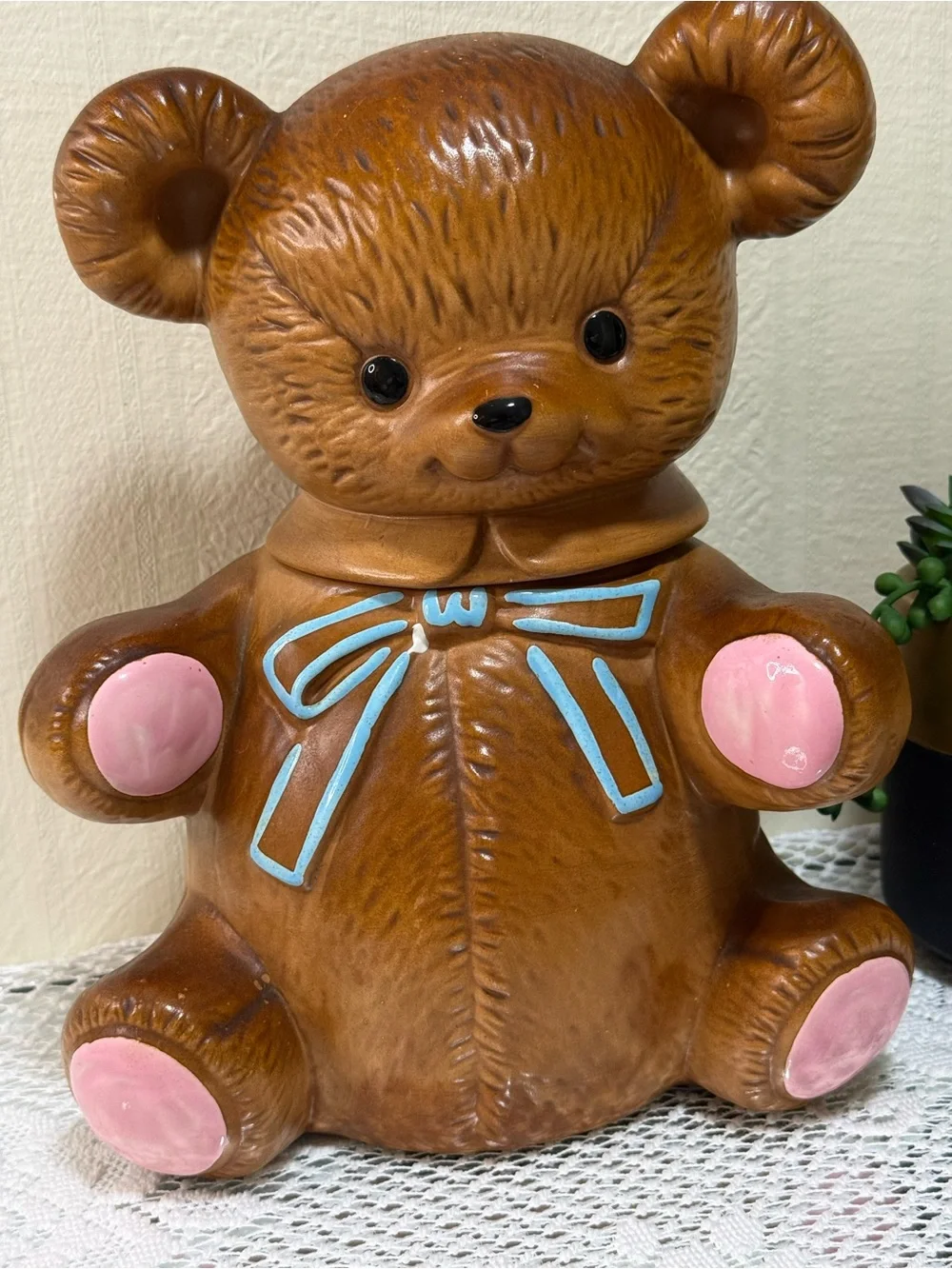Twin Winton Ceramic Brown Teddy Bear w/Bow Cookie Jar 12